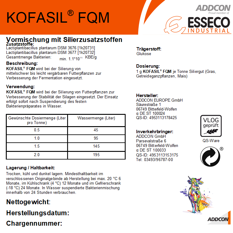 KOFASIL FQM Label mit Angaben zum ECPS-Siliermittel und Milchsäurebakterien für hochwertige Silagen