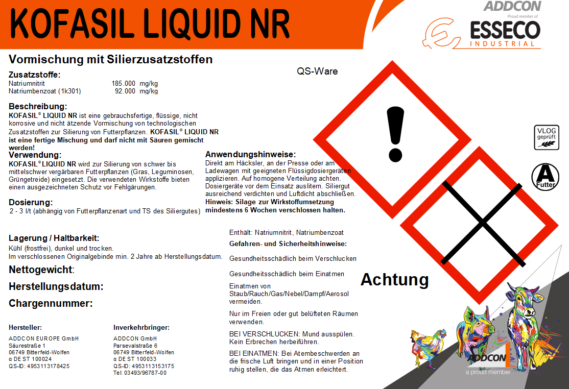 KOFASIL LIQUID NR Produktetikett des Silierzusatzes zur Steuerung des Gärverlaufs und Verbesserung der Silagequalität