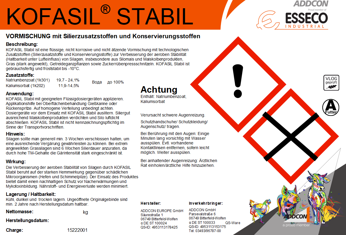 KOFASIL STABIL Produktlabel mit Angaben zum Siliermittel für stabile Silagen