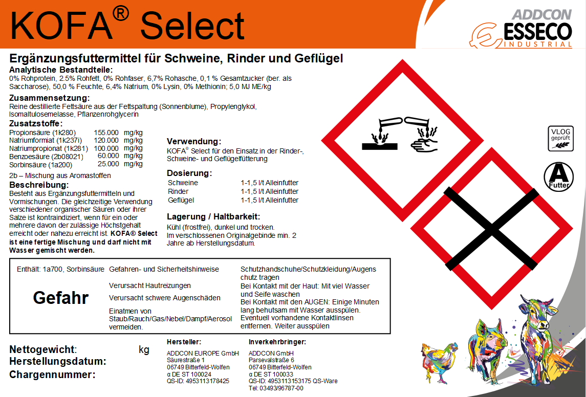 KOFA SELECT Produktetikett mit Zusammensetzung, Dosierung und Sicherheitshinweisen