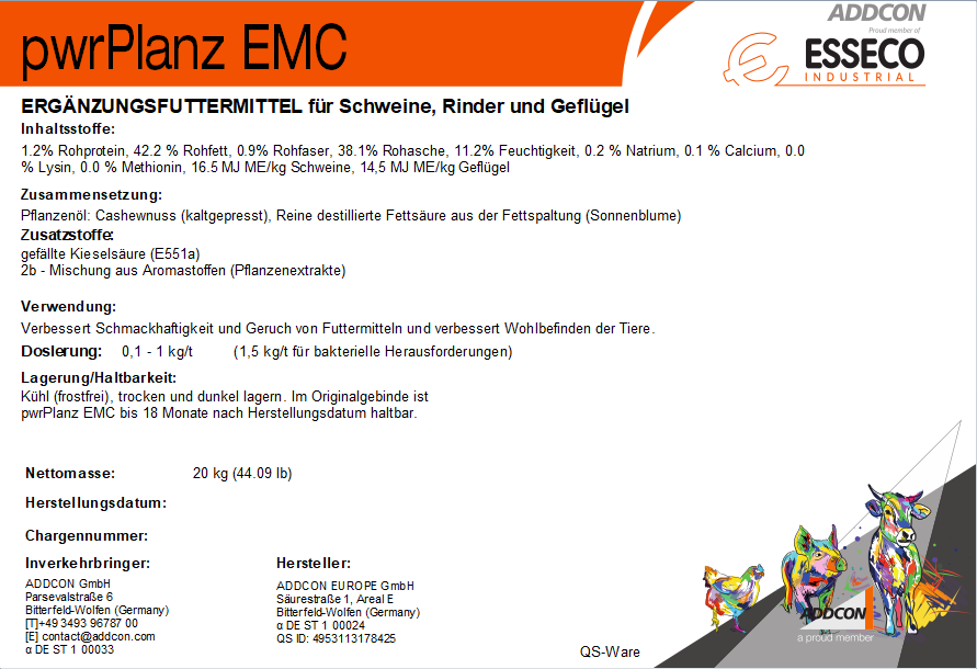 Produktlabel von ADDCON pwrPlanz® EMC mit Produktinformationen und Fütterungshinweisen