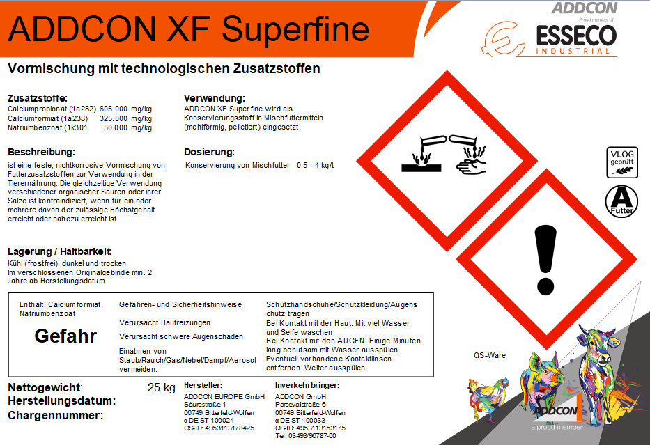 ADDCON XF Superfine Produktlabel – Futtermittelzusatz mit Propionsäure-, Ameisensäure- und Benzoesäuresalzen für optimale Futterhygiene