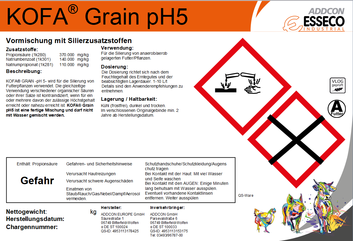KOFA GRAIN pH5 Produktetikett mit Zusammensetzung, Dosierung und Sicherheitshinweisen