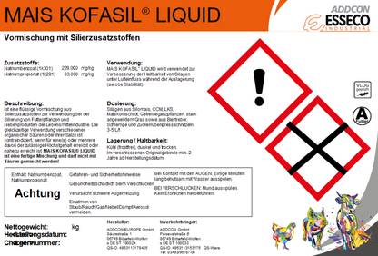 
MAIS KOFASIL Produktetikett des Siliermittels zur Verbesserung der aeroben Stabilität von Silagen